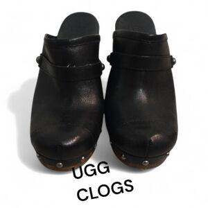 UGG Jolene Heeled Clogs Black Leather Studded Wood Sole Women's Size 7